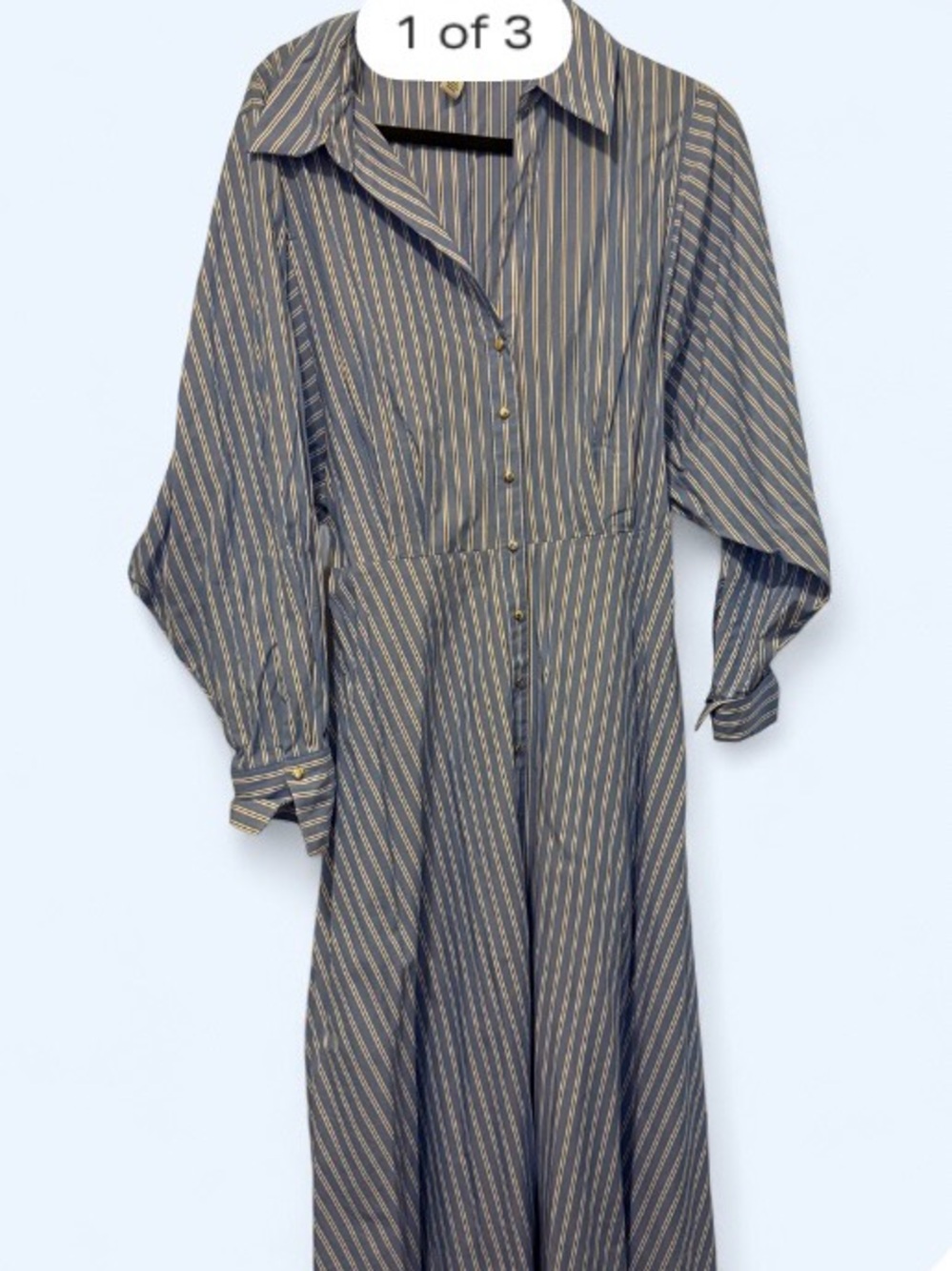 H&M Blue and Cream Striped Button-Front Long Sleeve Dress